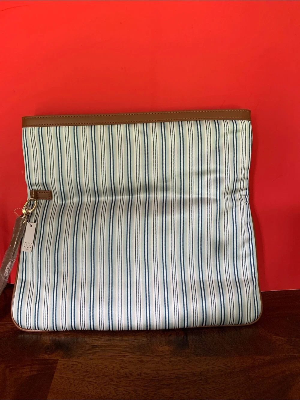 White House Black Market Blue and White Striped Fold-Over Clutch with Brown Trim - Picture 3 of 8